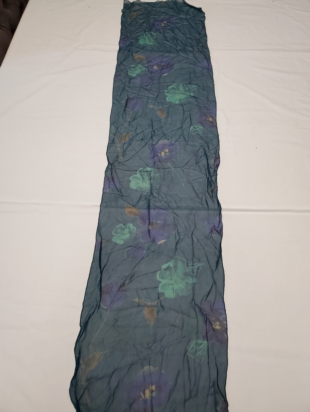 Sheer Floral Scarf Wrap Teal Blue Green Long Lightweight Boho Shawl Beach Cover